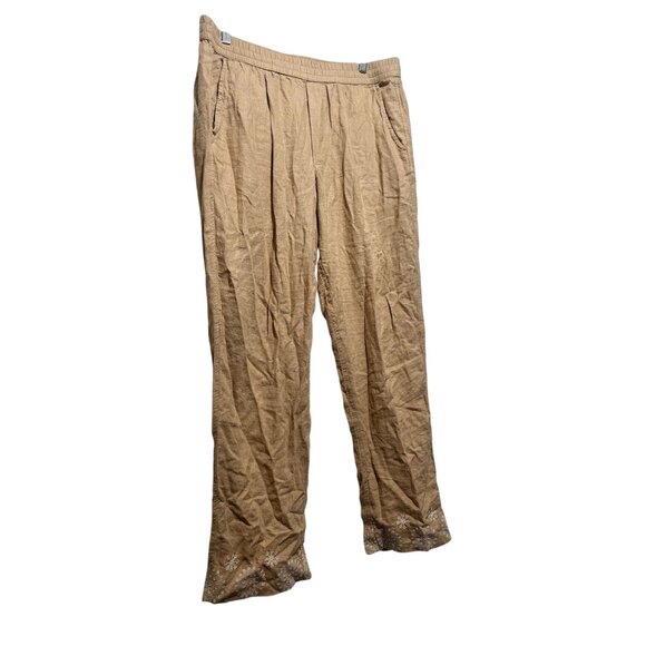 Abercrombie Fitch Linen Loose Fit Pants Womens Large Brown Embroidered Hem Beach - Picture 11 of 13